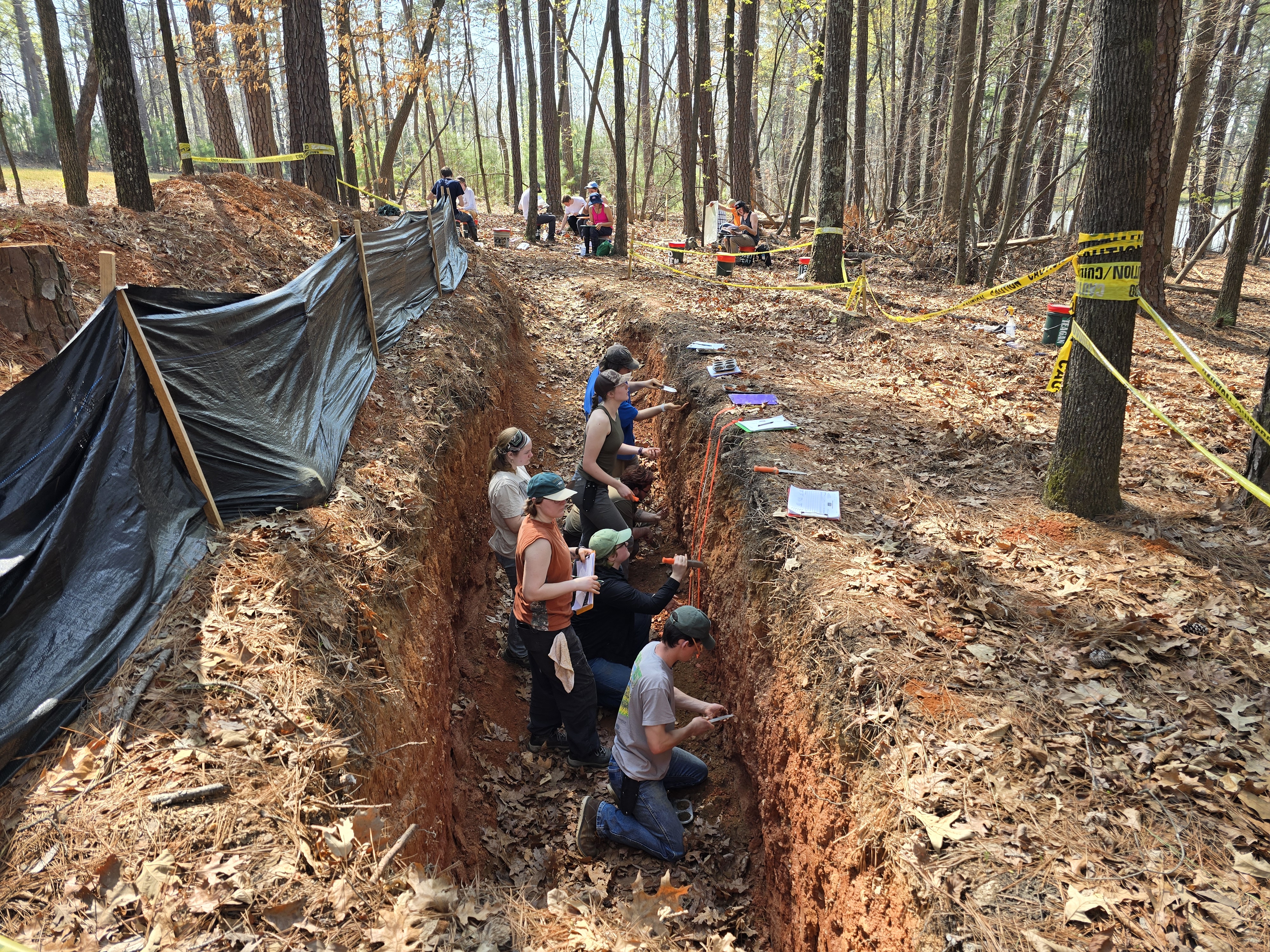 Members of the MSU Soil Judging Team stand in a ditch to inspect the soil.